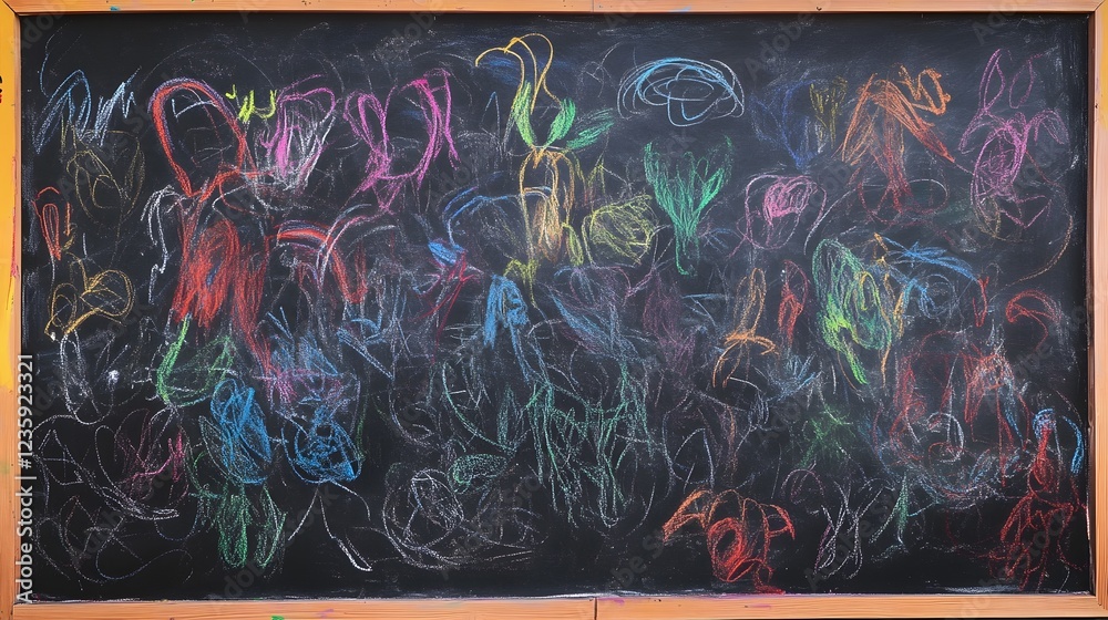 Poster Vibrant dynamic and expressive chalk drawing on a chalkboard featuring abstract and whimsical patterns in a bold multicolored palette  The artwork captures a sense of energy creativity