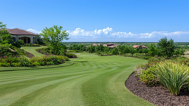 Upscale golf course landscape with homes, blue sky