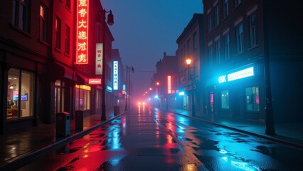 Naklejka premium Atmospheric Night City Street Foggy Neon Lights Wet Pavement Urban Scene