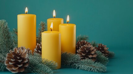 Burning Yellow Candles Festive Winter Arrangement with Pine Cones