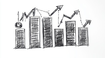 Obraz premium A hand-drawn bar chart, casual business theme, doodle style, black and white, isolated on white background.
