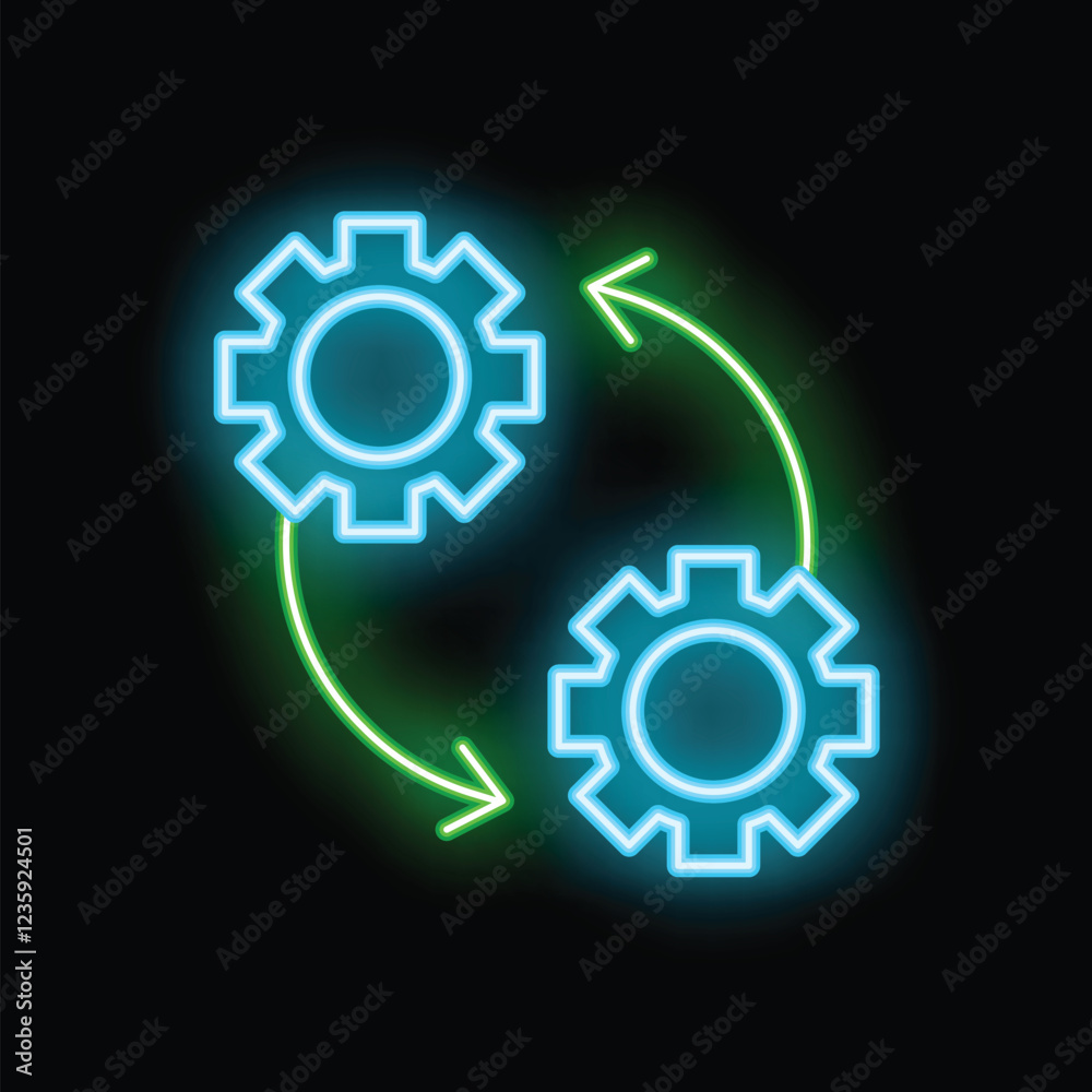 Poster neon gears interlocking with arrows forming a continuous loop against a black background