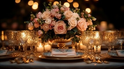 Fototapeta premium Romantic Valentines table setup with gold accents and candles