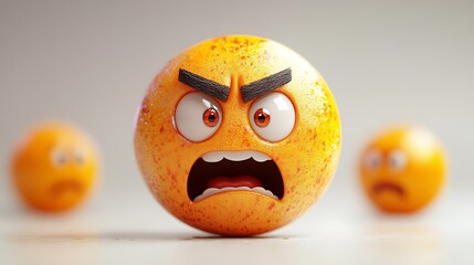 Angry cartoon orange emoji, background of other emojis, digital art, possible use for social media, or kids' merchandise
