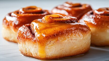 Melted butter glazing freshly baked cinnamon rolls kitchen food cozy close-up indulgence