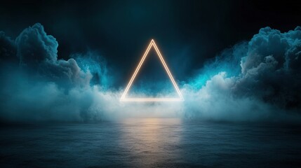 A triangle is lit up in the middle of a foggy, cloudy sky