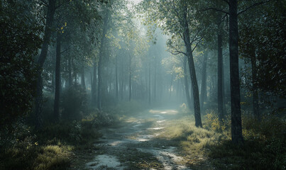 Fototapeta premium Mysterious light filtering through trees enchanted forest nature photography tranquil environment ground level view serenity