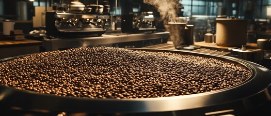 Roasting coffee beans in artisan kitchen detailed close-up imagery of quality process
