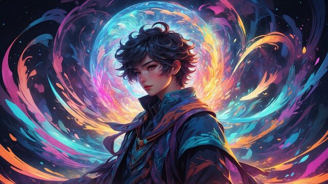 Fantasy Portrait of a Young Sorcerer with Vibrant Magical Aura