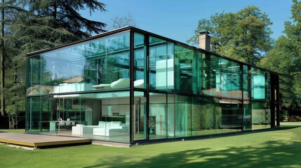 Obraz premium Contemporary Glass House Set in a Lush Green Landscape