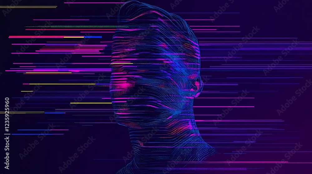 Poster abstract digital art of a person, vibrant lines. possible use technology, art, background image