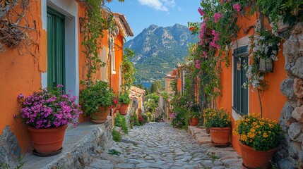 Fototapeta premium Charming cobblestone pathway lined with vibrant flowers and colorful houses under a clear blue sky in a picturesque village.