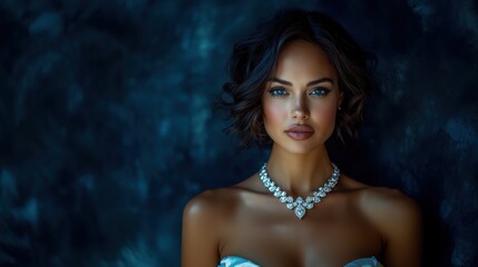 Elegant brunette woman with glamorous makeup and pearl necklace