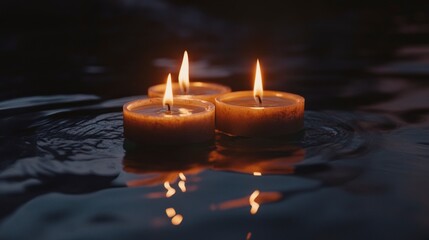 Floating Candles in Dark Water Peaceful Night Scene