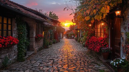 Fototapeta premium Charming cobblestone street lined with blooming flowers and warm lights at sunset in a picturesque village