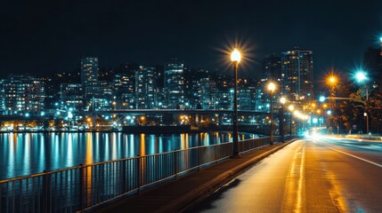 Fototapeta premium Night city waterfront road lightscape