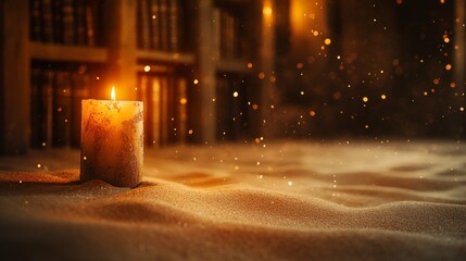 Burning Candle in Sand with Golden Sparkle Background