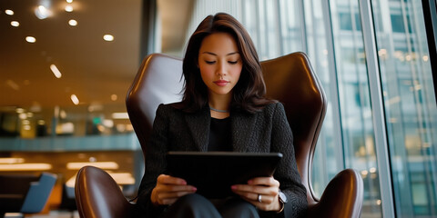 Modern office setting with woman using tablet, focused and relaxed