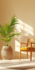 Fototapeta premium Modern living space with minimalist furniture soft light indoor plants warm atmosphere eye-level perspective
