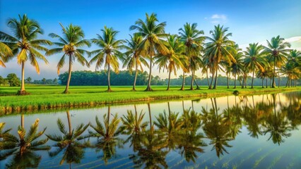 Fototapeta premium A row of palm trees lining a serene waterway, reflecting in the still water, creating a breathtaking mirror image of nature's beauty.