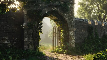 Fototapeta premium Serene Enchanted Garden Gate Surrounded by Lush Greenery