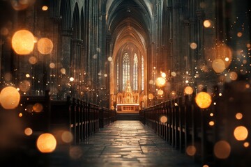 Fototapeta premium Majestic Cathedral Interior with Golden Lights