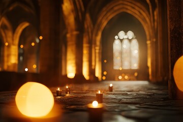 Candles Lit in Ancient Cathedral Hallway