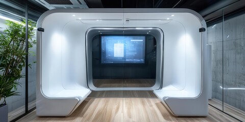 Obraz premium Modern office pod with sleek design and digital display.