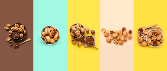 Set of many tasty walnut shaped cookies with boiled condensed milk on color background, top view