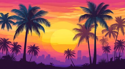 Obraz premium Tropical Sunset with Palm Trees and City Skyline