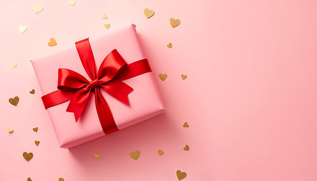 Pink Gift Box with Red Ribbon and Gold Hearts on Pastel Background