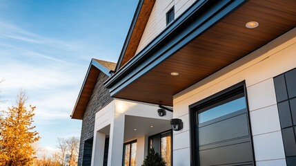 Modern Home Exterior with Security Cameras and Autumnal Surroundings