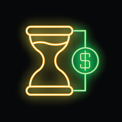 Neon sign of an hourglass with sand flowing representing the concept of time being money