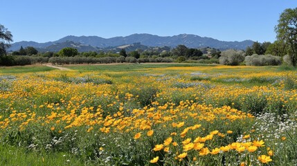 Golden wildflowers bloom in a valley with mountains in the background