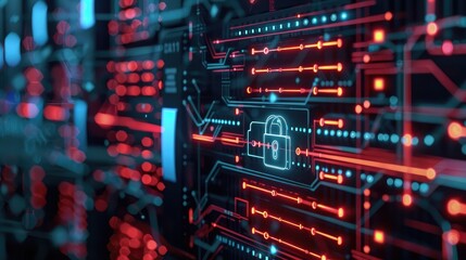 Fototapeta premium Futuristic Digital Security Interface with Lock Symbol on Circuitry