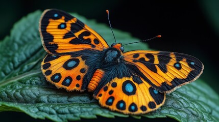 Obraz premium Orange butterfly on green leaf, dark background, nature macro
