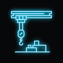 Neon blue icon of an overhead crane lifting goods on black background
