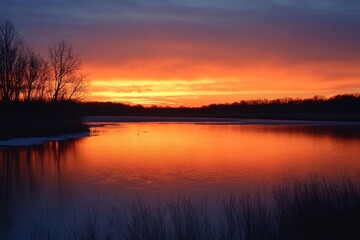 Stunning sunset reflection over serene lake nature tranquil landscape evening