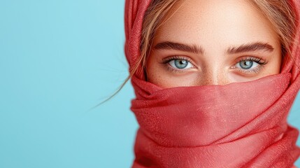 Fototapeta premium Woman's eyes peek from red scarf, blue background