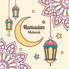 Generate a festive Ramadan greeting card with Arabic calligraphy, lanterns, and a crescent moon.