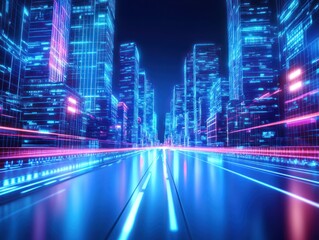 Futuristic city highway, neon lights, night, digital cityscape, tech background