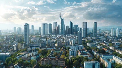 Obraz premium Aerial View of a Modern City Skyline with Lush Greenery