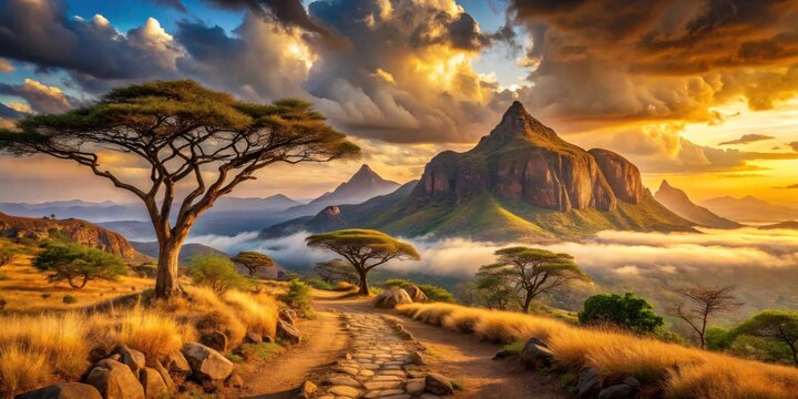 A picturesque mountain vista with a golden sunrise casting shadows on the rolling hills and a winding path through the landscape