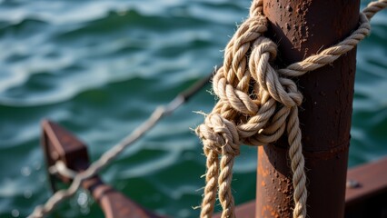 Fototapeta premium Close up of Nautical Rope Knot Tied to Rusty Metal Post by Water