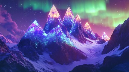 Exoplanet mountain range with glowing crystal peaks and vivid aurorae above 
