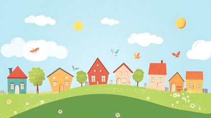Naklejka premium Cute cartoon houses on a hill, sunny day, peaceful village scene, children's illustration, educational resource