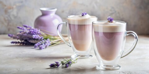 Two Lavender Infused Latte Drinks Served in Double-Walled Glass Cups with a Bouquet of Lavender in the Background