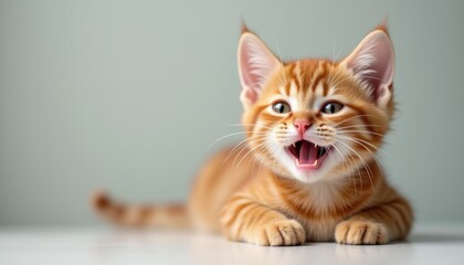 Obraz premium Cute smiling kitten with a charming expression, Ginger fur stands out against the red background.