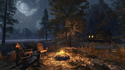 Cozy Campfire Under a Starry Sky by the Lake