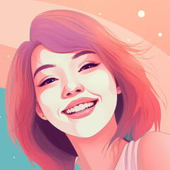 Fototapeta premium Radiant Joy: A vibrant illustration of a young woman's face radiates pure happiness, her wide smile and bright eyes reflecting inner joy.